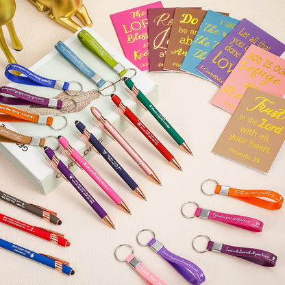 Seventy-Two-Piece Religious Stationery Gift Set with Notebooks, Ballpoint Pens and Quote Keychains