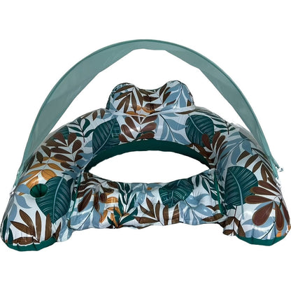 Tropical Leaf Inflatable Pool Lounger with Canopy, Cup Holder, Two Donut Drink Rings and Green or Blue Options