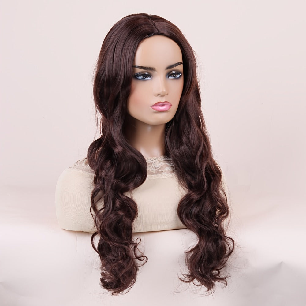 Synthetic Wig 28-Inch Big-Wave Curly Headband Style in Dark Brown or Black for Parties and Weddings
