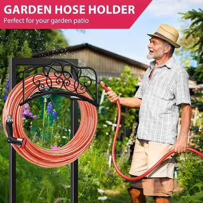 Freestanding Black Garden Hose Holder with Six Decorative Single-Leg or Double-Leg Rack Styles