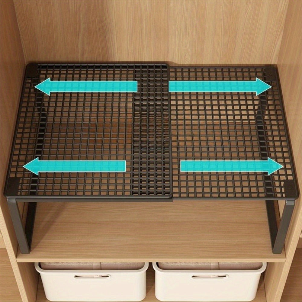 Expandable Cabinet Shelf Organizer, Metal Height-Adjustable Wardrobe Shelf Divider, Vertical Space-Saving Storage Rack for Kitchen