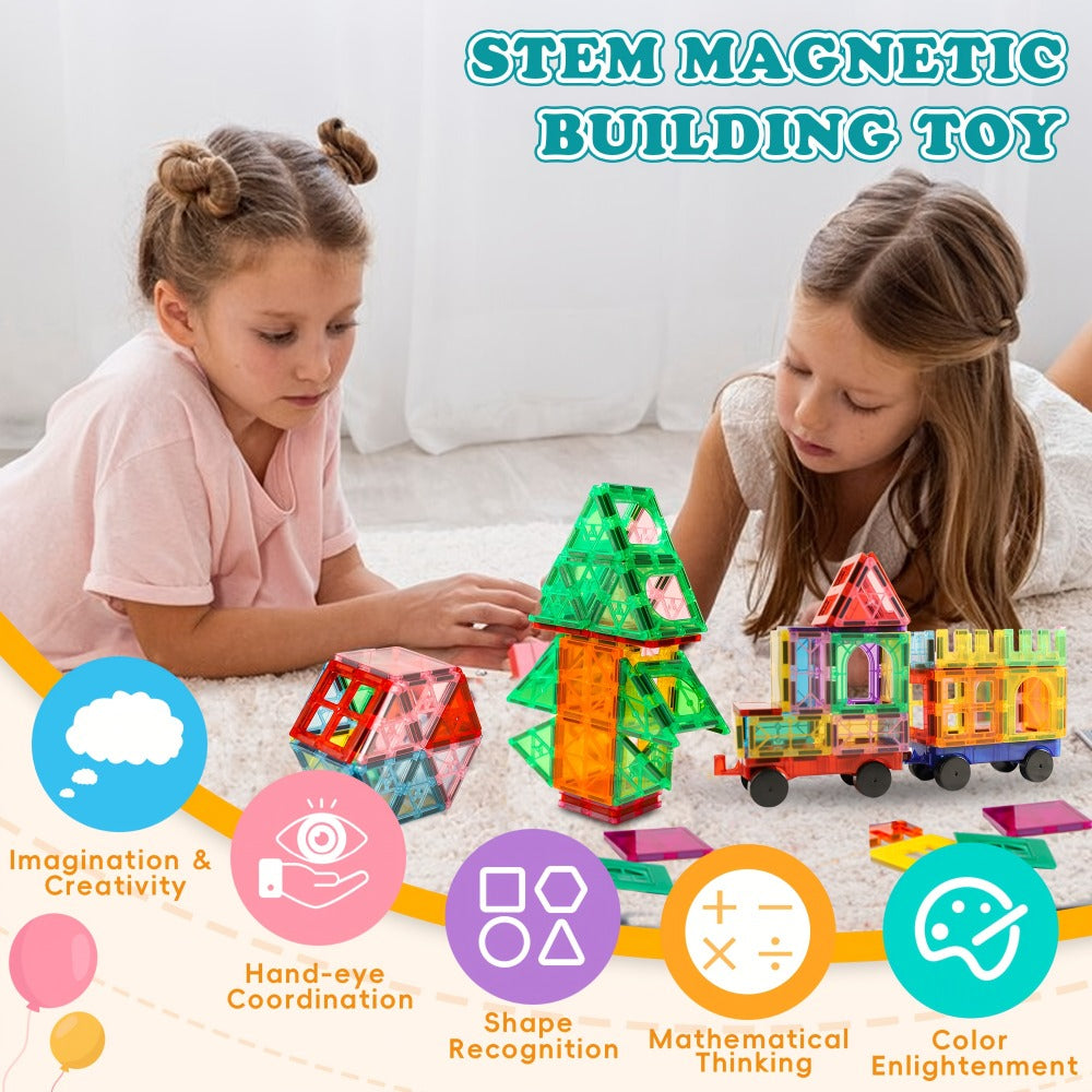 Magnetic Tiles Building Sets in 80, 106 or 136-Piece Options with Multicolor Translucent Shapes and Vehicle Bases