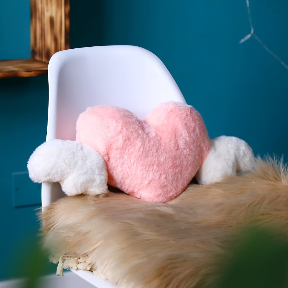 Car Headrest Neck Pillow Heart Shape with Angel Wings – Cute Plush Lumbar Cushion & Seat Back Pillow, Car Interior Decor Accessory, Gift for Women