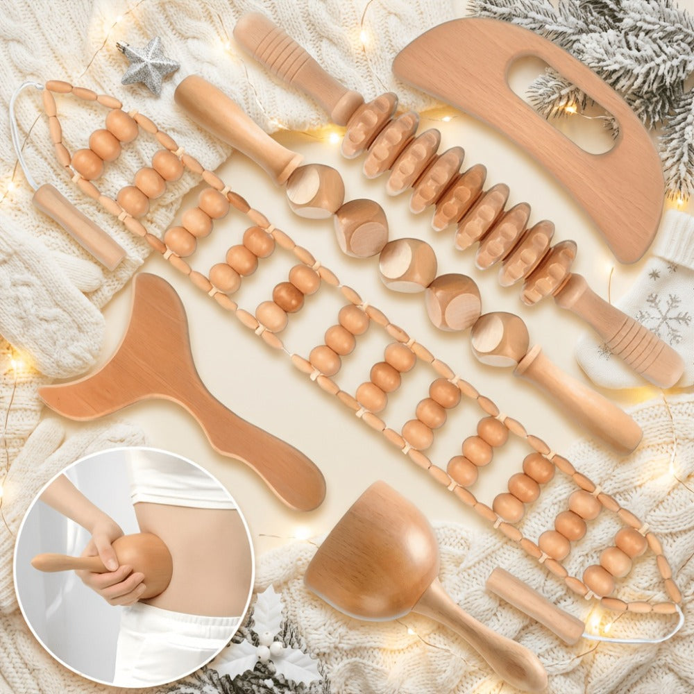 Wooden Manual Massage Tool Set, Six-Piece Roller and Scraping Kit with Textured Heads for Face, Neck and Body
