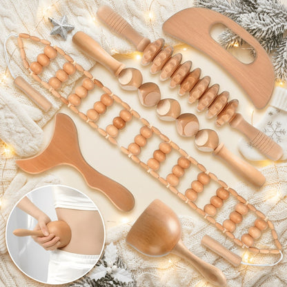 Wooden Manual Massage Tool Set, Six-Piece Roller and Scraping Kit with Textured Heads for Face, Neck and Body