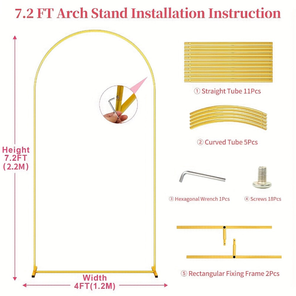 Backdrop Stand Gold Rounded Arch Set of Two, 7.2 and 6 Feet with Square Tube Frames and Flat Bases