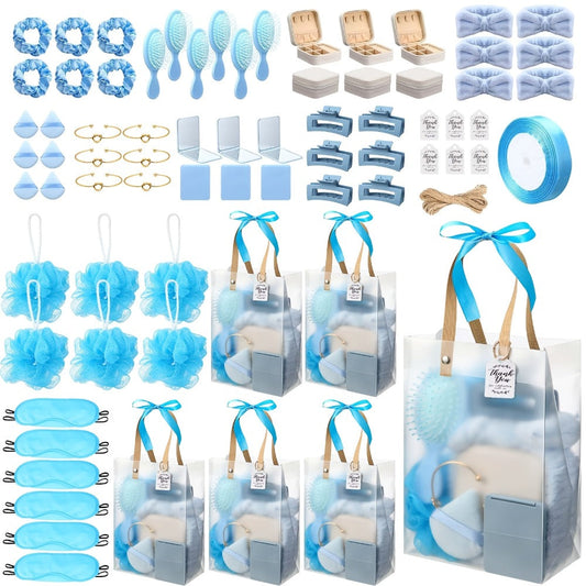 Party Favor Gift Set 74pcs – Headbands, Hair Brushes, Bracelets, Mirrors, Powder Puffs, Hair Ties, Clips, Bath Sponges & Jewelry Boxes with Gift Bags for Bridal Shower, Wedding, Christmas & Events (Pink/Blue)