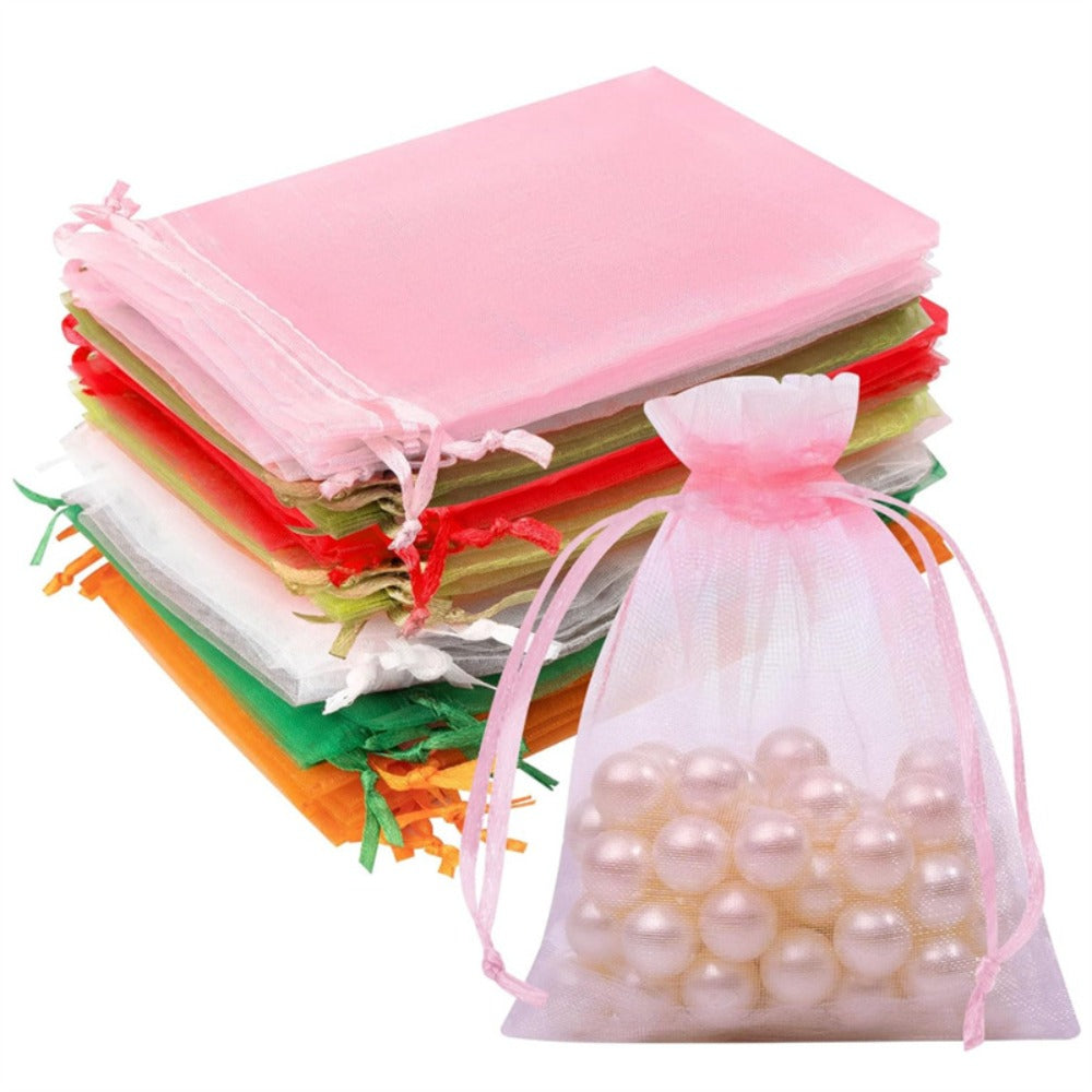 Organza Drawstring Gift Bags, 200-Piece Mixed-Color Set in 2.76 x 3.54 or 3.94 x 5.90 Inch Sizes for Favors and Jewelry