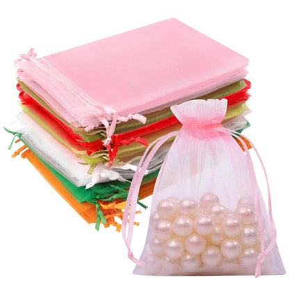 Organza Drawstring Gift Bags, 200-Piece Mixed-Color Set in 2.76 x 3.54 or 3.94 x 5.90 Inch Sizes for Favors and Jewelry