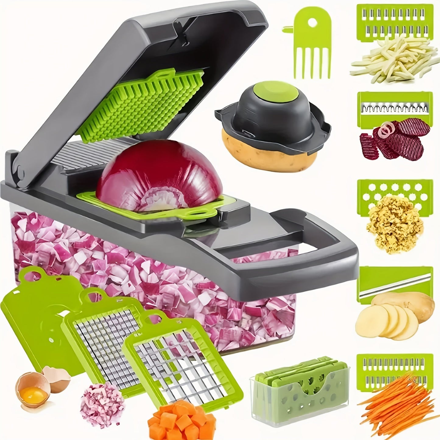 16-in-1 Vegetable Chopper Set with 8 Interchangeable Blades, Manual Food Chopper with Container, Peeler & Filter for Onion, Garlic, Carrot – Kitchen Prep Tool