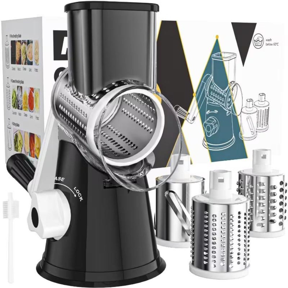 Rotary Cheese Grater – Stainless Steel Hand Crank Shredder with 3 Interchangeable Blades, Non-Slip Suction Base & Cleaning Brush, BPA-Free Vegetable Grater for Cheese, Nuts & Vegetables