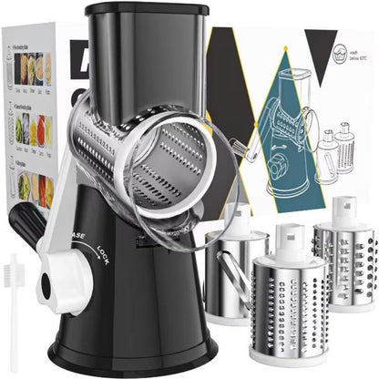 Rotary Cheese Grater – Stainless Steel Hand Crank Shredder with 3 Interchangeable Blades, Non-Slip Suction Base & Cleaning Brush, BPA-Free Vegetable Grater for Cheese, Nuts & Vegetables