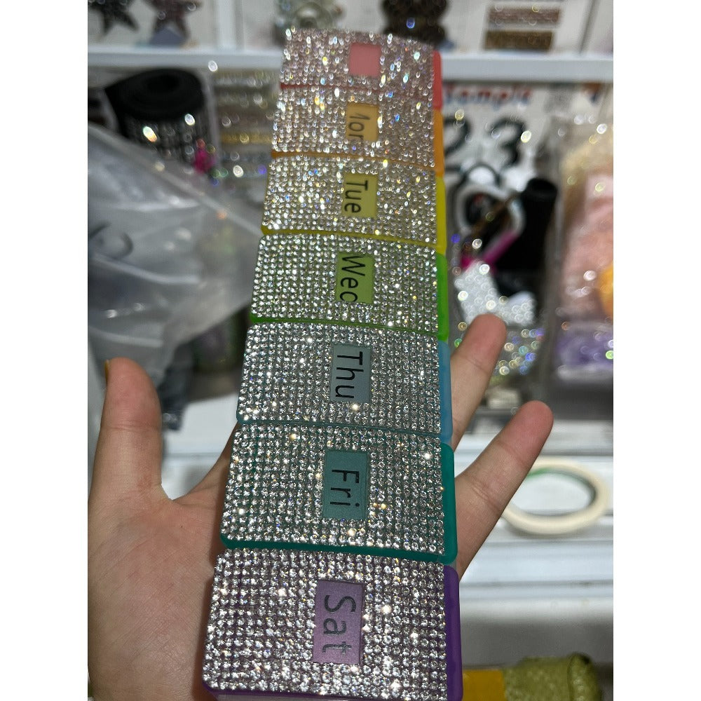 Rhinestone Weekly Pill Organizer with Seven Color-Coded Day Compartments in Slim Rectangular Case