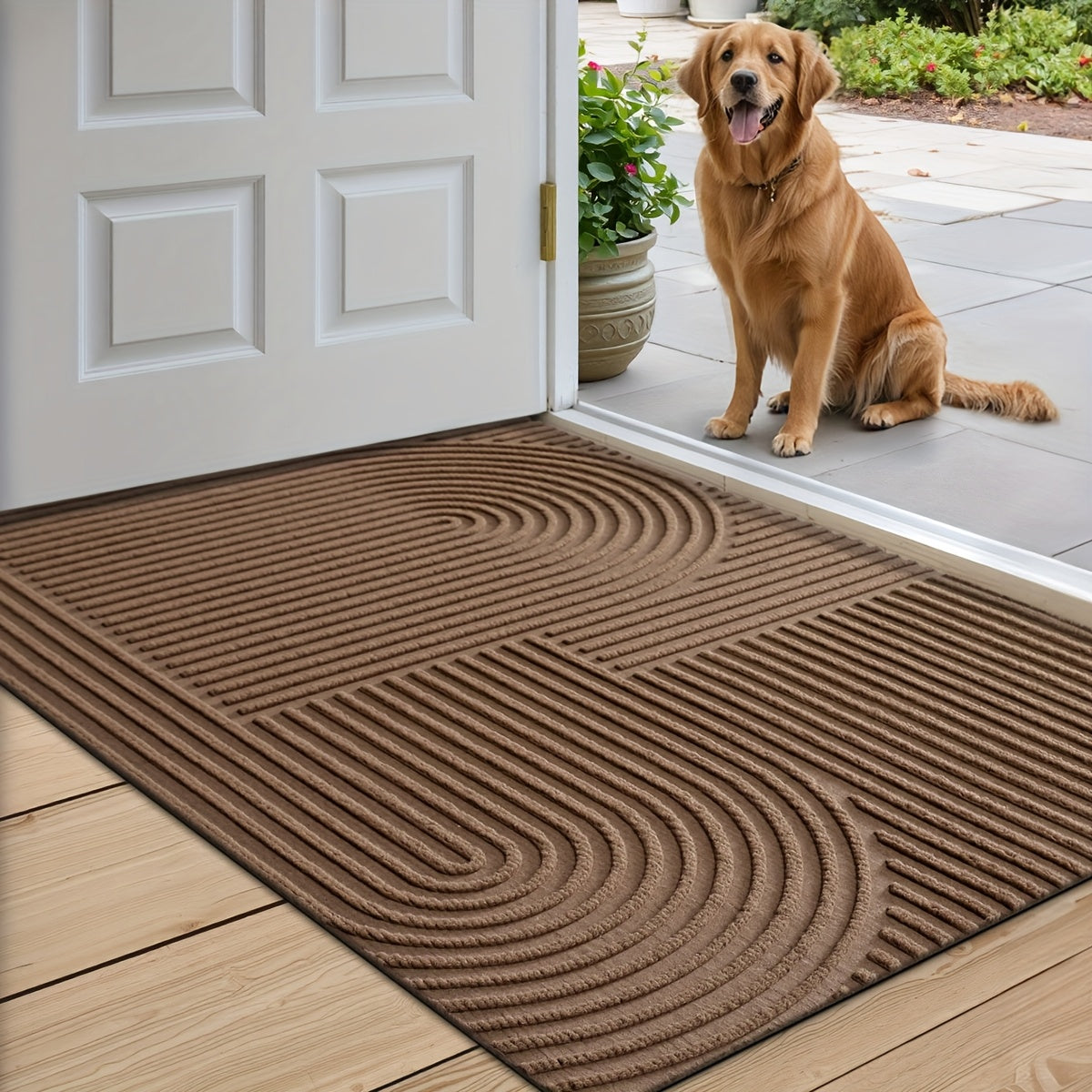 Time Arc Door Mat with Geometric Groove Pattern in Black, Gray or Brown and Two Rectangular Sizes