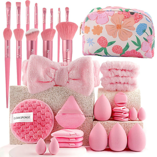 Makeup Brush Set, 46-Piece Nylon Bristle and ABS Handle Kit with Triangle Puff, Foundation Puff and Face-Eye Tools