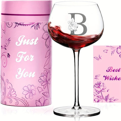 Initial Wine Glass Gift Set with 18 Checkout Letters, 14-Ounce Bowl, Presentation Box and Card
