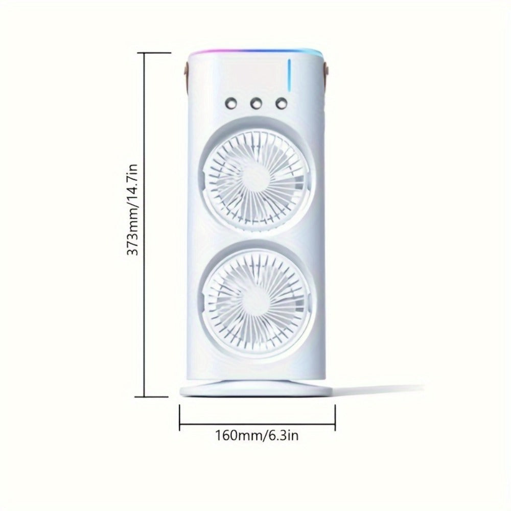 Dual-Head Misting Fan with Top-Fill Reservoir, Adjustable Heads, Spray Control and USB Rechargeable Power