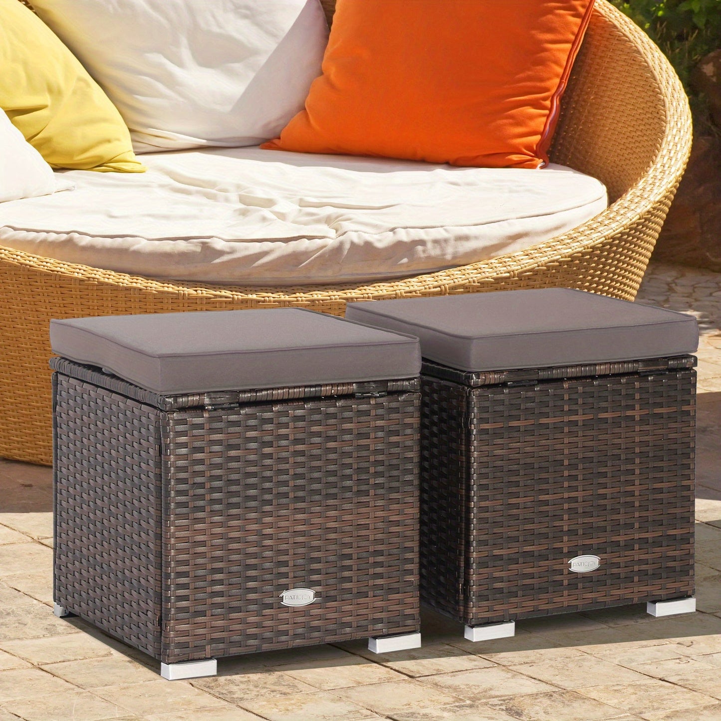 Two-Piece Outdoor Wicker Ottoman Set with Hidden Storage, Detachable Cushions and Six Color Options