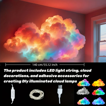 Cloud-Shaped Wall Light Kit with 140cm Color Light String, Cloud Material and Adhesive Pieces