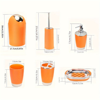 Seven-Piece Bathroom Accessory Set with Waste Bin, Toilet Brush, Dispenser and Containers in Seven Colors