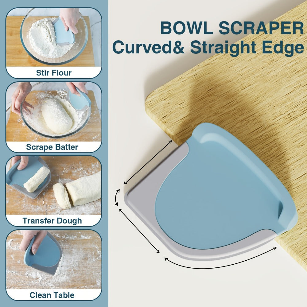 Two-Piece Dough Scraper Set with Metal Bench Cutter, Measurement Guide and Blue or Grey Bowl Scraper