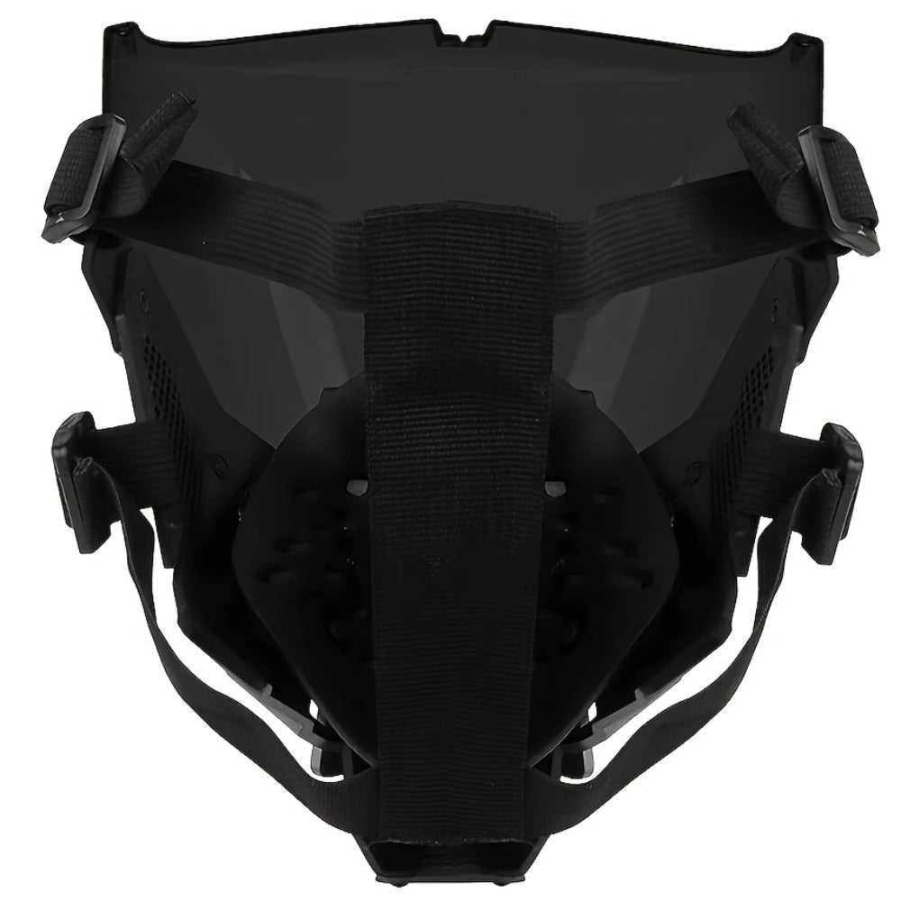 Black Reflective Cyberpunk Costume Mask with Full-Face Visor and Detachable Mechanical Lower Panel