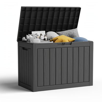 Wood-Grain Resin Deck Storage Box with Lockable Lid in Black or Light Brown Finish Options