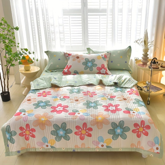 Quilt Set 3 Piece Summer Cooling – Floral Printed Thin Comforter with 2 Pillowcases, Soft Skin-Friendly Bedding for Twin Full Queen King, All Season Lightweight Blanket for Bedroom Hotel Guest Room