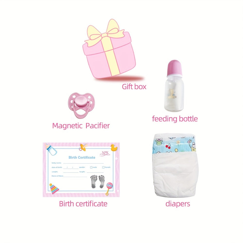 Reborn Baby Doll 16-Inch Cloth Body with Vinyl Limbs, Rooted Brown Hair, Open Eyes and Pink Outfit Set