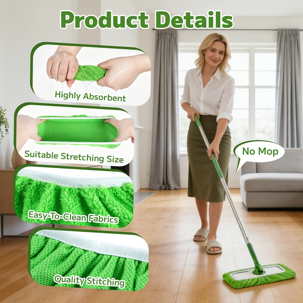 Fifteen-Piece Green Microfiber Mop Pad Set with Reusable Stretch-Cover Design for Flat Mop Heads