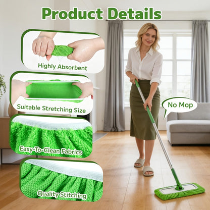 Fifteen-Piece Green Microfiber Mop Pad Set with Reusable Stretch-Cover Design for Flat Mop Heads