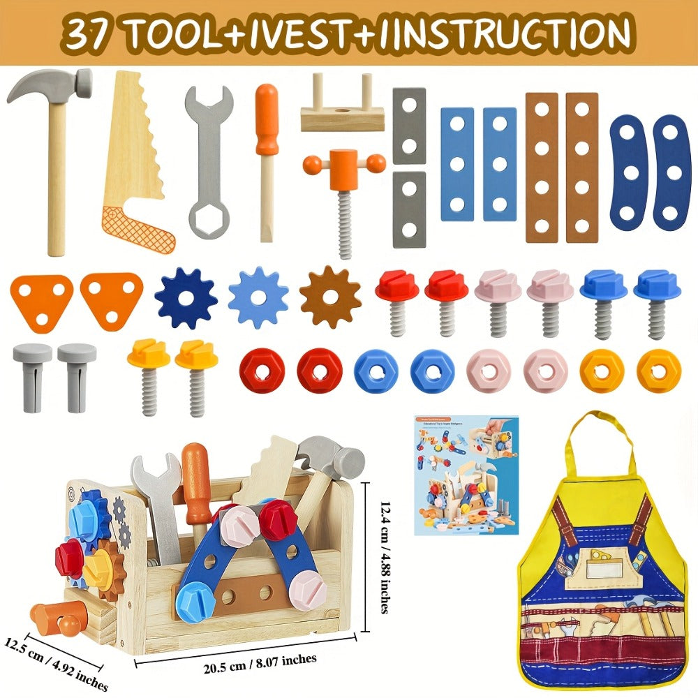 39-Piece Wooden Pretend Tool Set with Vest, Toolbox, Instruction Sheet and Six Example Builds