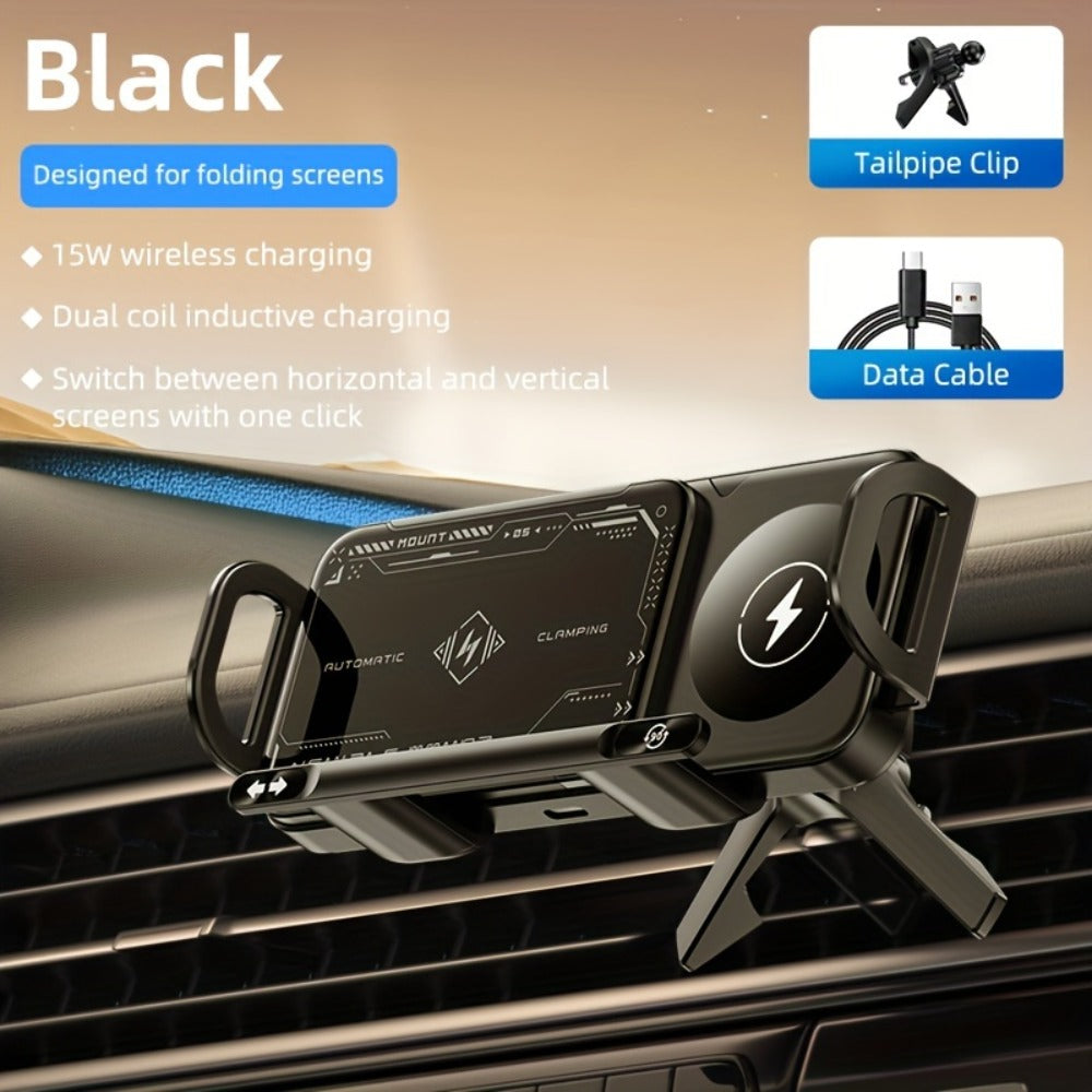 Car Wireless Charger Mount for Samsung Galaxy Z Fold 15W Auto-Clamping Fast Charging Holder – 360° Rotating Ball Joint, Air Vent & Center Console Mount, Super Capacitor Power-Off Delay | All Qi Phones