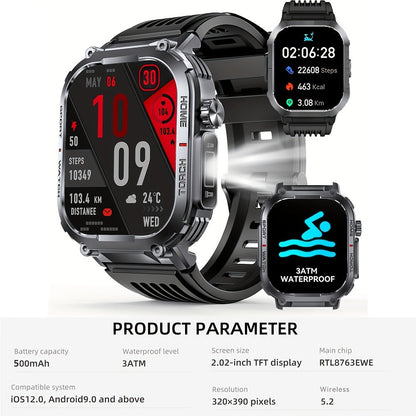 Waterproof Smartwatch with 100+ Sport Modes & LED Flashlight – 2.02" TFT Screen Wireless Calling Sleep Tracker Fitness Activity Tracker Heart Rate Compatible with iPhone Android Gift for Men Women