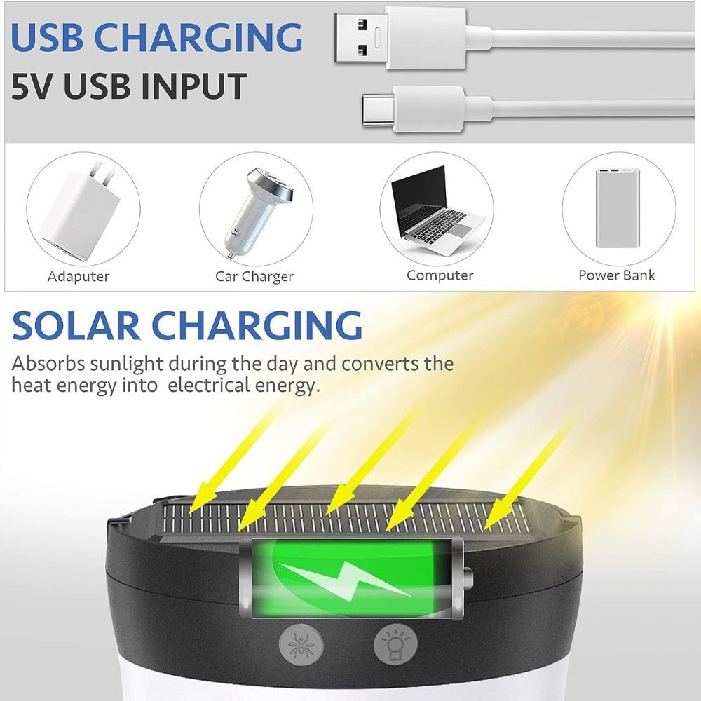 Solar and USB-C Insect Zapper Lantern with 3000V Grid, Dual UV Labels and Three Lighting Modes