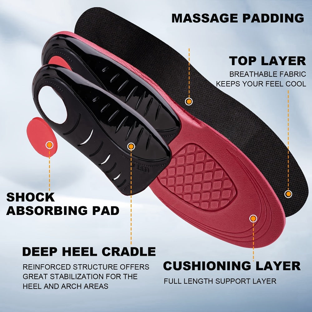 Red-and-Black Full-Length Athletic Shoe Insoles with Trim-to-Fit Guide in Three Men's and Women's Size Ranges