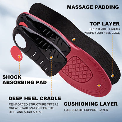 Red-and-Black Full-Length Athletic Shoe Insoles with Trim-to-Fit Guide in Three Men's and Women's Size Ranges