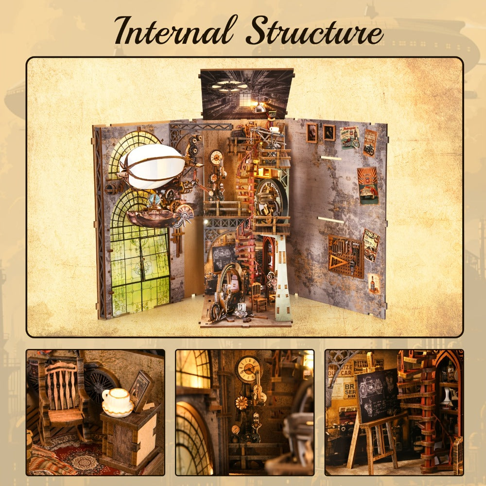 Corner Alley Wooden Book Nook Kit with 9-Inch Steampunk Street Scene, Sensor Light and YM05-Pete Option