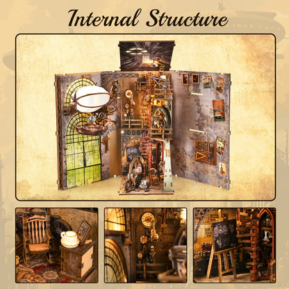 Corner Alley Wooden Book Nook Kit with 9-Inch Steampunk Street Scene, Sensor Light and YM05-Pete Option