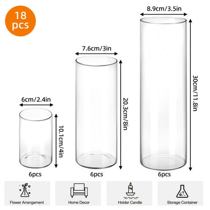 Clear Glass Cylinder Vase Set in 18- or 24-Piece Configurations with 4, 8 and 12-Inch Heights