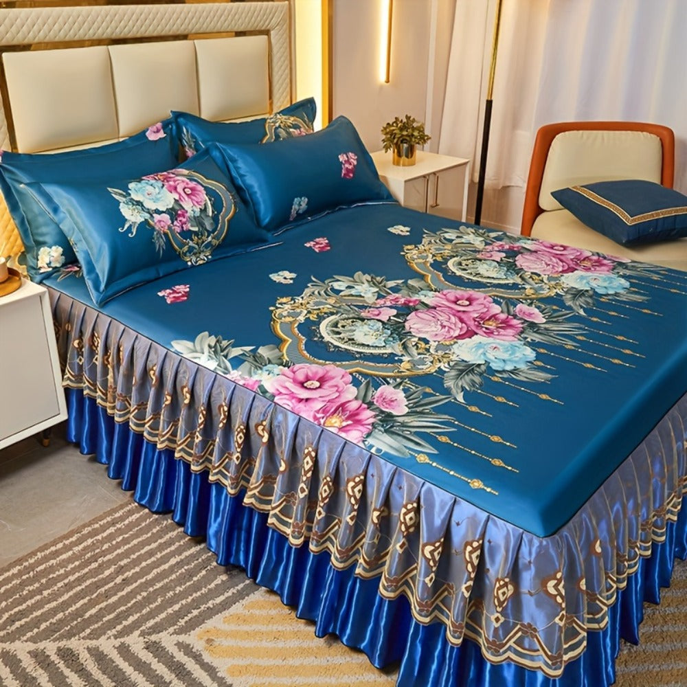 Ruffled Floral Bedspread Mat Set with Two Pillowcases, Twin to King Sizes and Four Pattern Choices