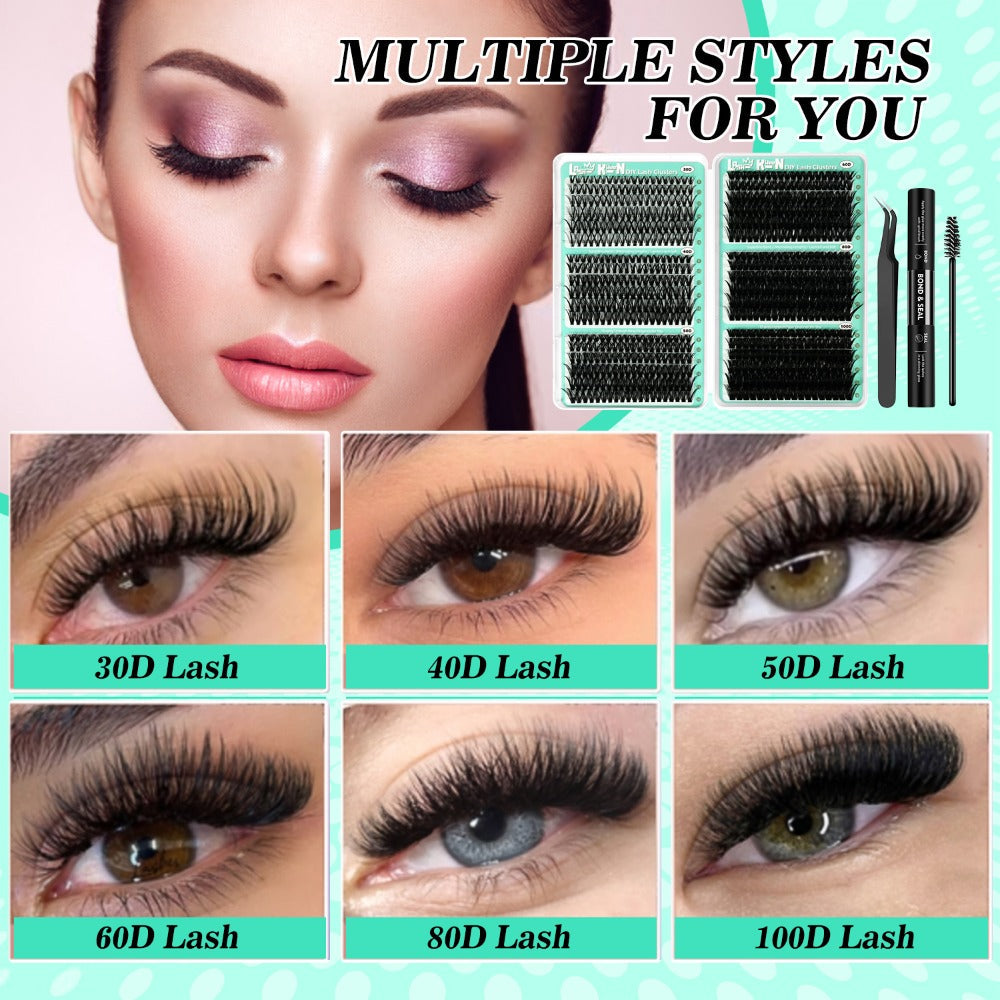 Lash Clusters Kit 708Pcs with Tweezers, Glue & Brush – Soft Silky Fiber False Eyelashes Full Voluminous DIY Lash Extension Set for Party, Wedding, Bridal & Daily Makeup, Beginner to Pro