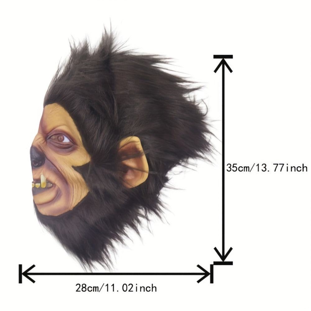 Hairy Brown Beast Costume Mask with Full-Head Creature Face, Pointed Ears and Faux-Fur Surround