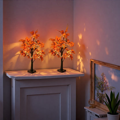 Two-Piece LED Maple Leaf Tree Light Set with 24 Warm Lights, Red Autumn Leaves and Black Branches