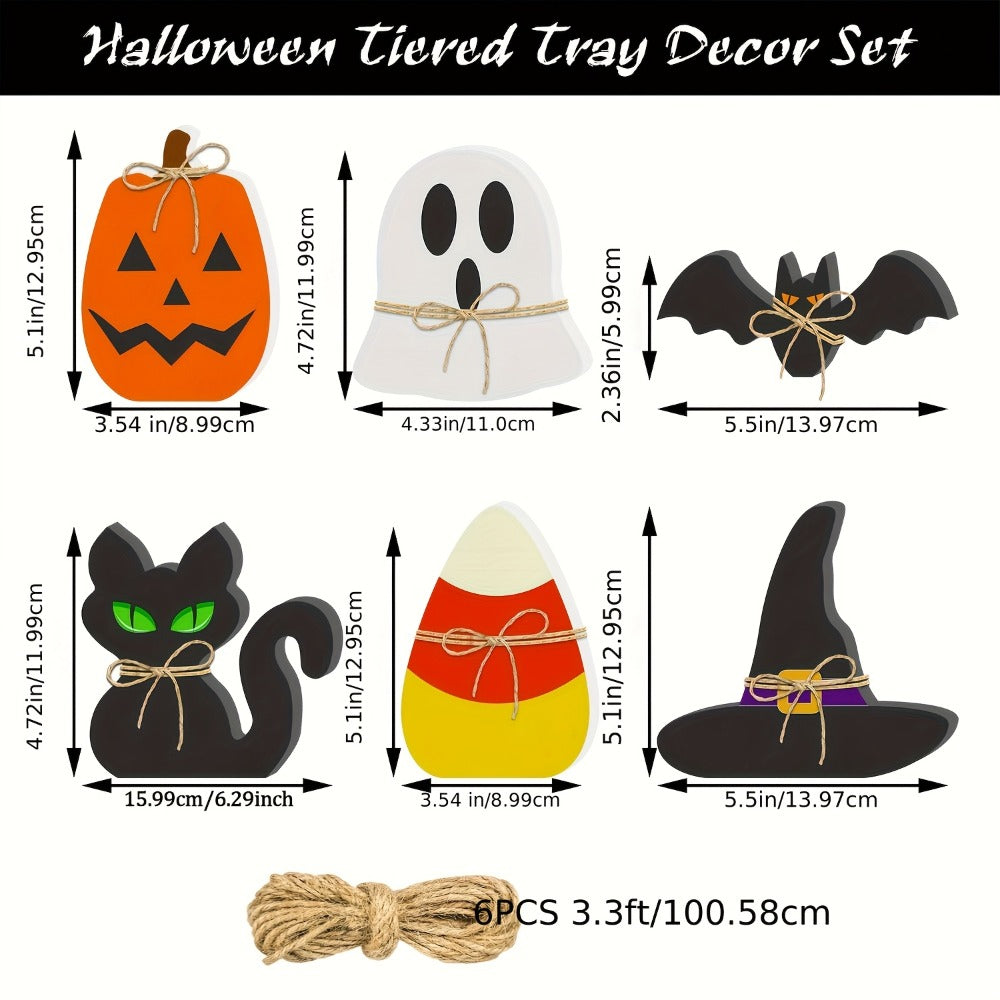 Halloween Wooden Decorations Set of 6 – Freestanding Rustic Table Signs with Pumpkin, Ghost, Bat, Black Cat, Witch Hat & Candy Corn, Farmhouse Tiered Tray & Mantle Decor