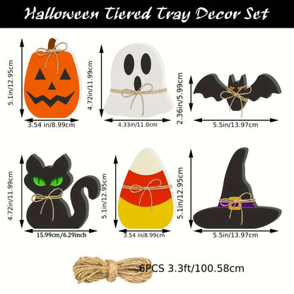 Halloween Wooden Decorations Set of 6 – Freestanding Rustic Table Signs with Pumpkin, Ghost, Bat, Black Cat, Witch Hat & Candy Corn, Farmhouse Tiered Tray & Mantle Decor