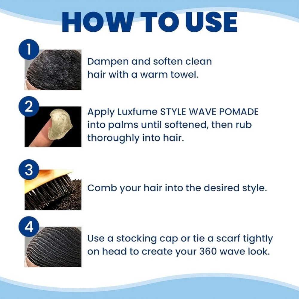 360 Wave Pomade for Men — Strong Hold Non-Greasy Hair Styling Cream for 360 Waves & Layered Wave Patterns, Silky Shine Natural Wave Grease for Soft Touchable Defined Waves