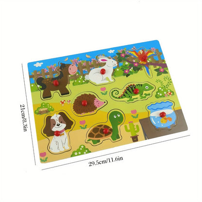 Four-Board Wooden Peg Puzzle Set with Colorful Animal Scenes and Red Knob Pieces for Matching Play