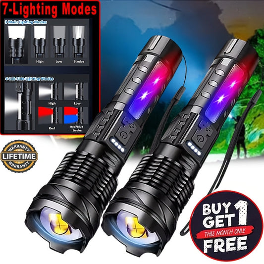Flashlight LED and COB Dual-Light Torch with Telescopic Focus, USB-C Charging and 1500mAh Battery