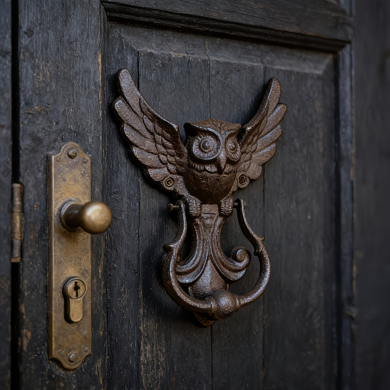 Winged Owl Door Knocker with Pictured 8.86-Inch Height, Ring Handle and Rustic Dark Finish